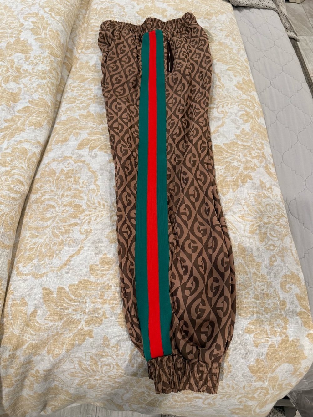 Gucci AUTHENTIC Brown Monogram Track Pants with Red and Green Stripe